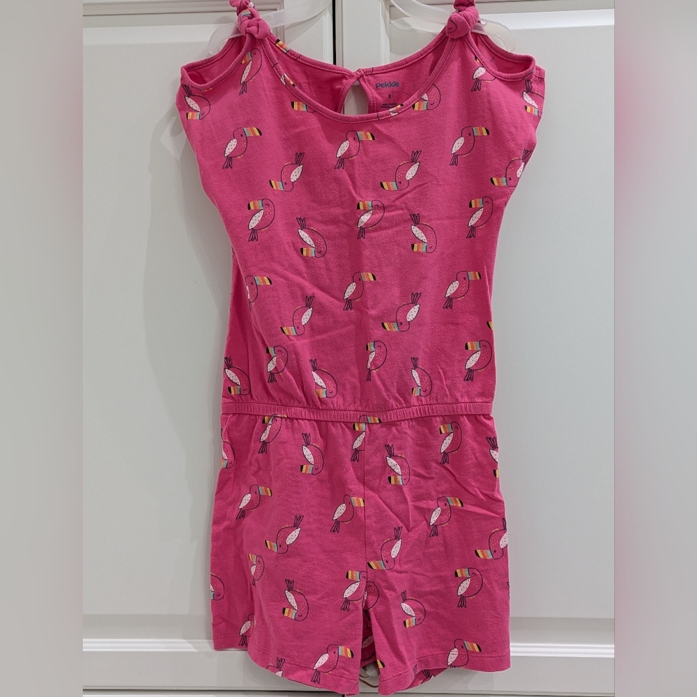 5/$35 Pekkle Girls Romper Size 8 Pink Toucan Print Knotted Straps Summer Outfit